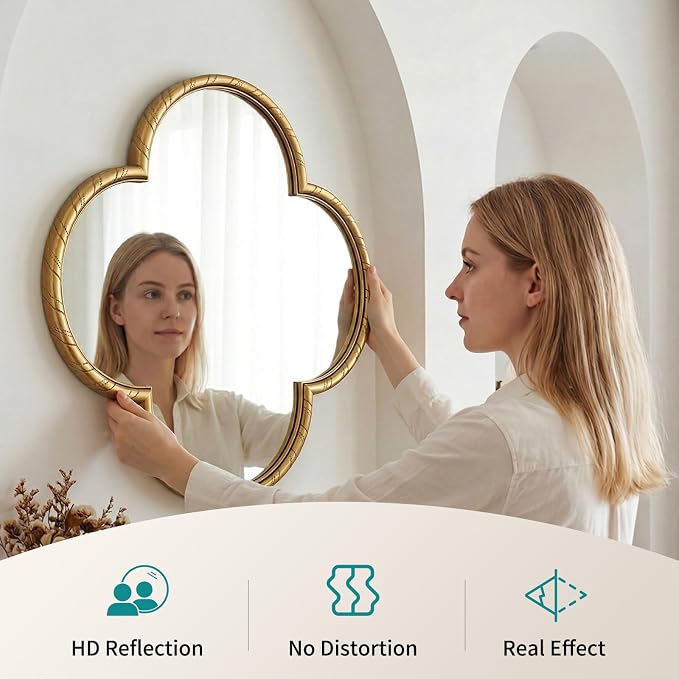 Vintage Wall Mirror Decor - 31.5" Large Antique Retro Gold Four-Leaf Clover Mirror with Rope-Like Frame, Wall Decorative Mirrors for Living Room, Bedroom, Fireplace, Bathroom