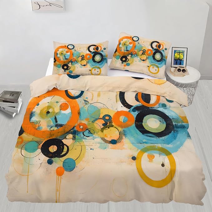 Vintage Geometric Abstract Duvet Cover Full Size, Retro Bohemian Psychedelic Bedding Set 3 Piece, Circle Patterned Comforter Cover with Zipper Soft Microfiber, 2 Pillowcases