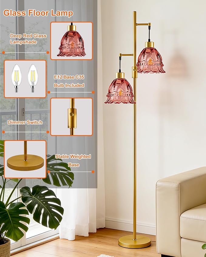 2-Light Modern Glass Floor Lamp, Gold Tall Standing Lamp with Deep Red Lace Glass Shade for Reading, Dimmable LED Floor Lamp with 5Lbs Heavy Base for Living Room Bedroom Home Decor, Bulb Included