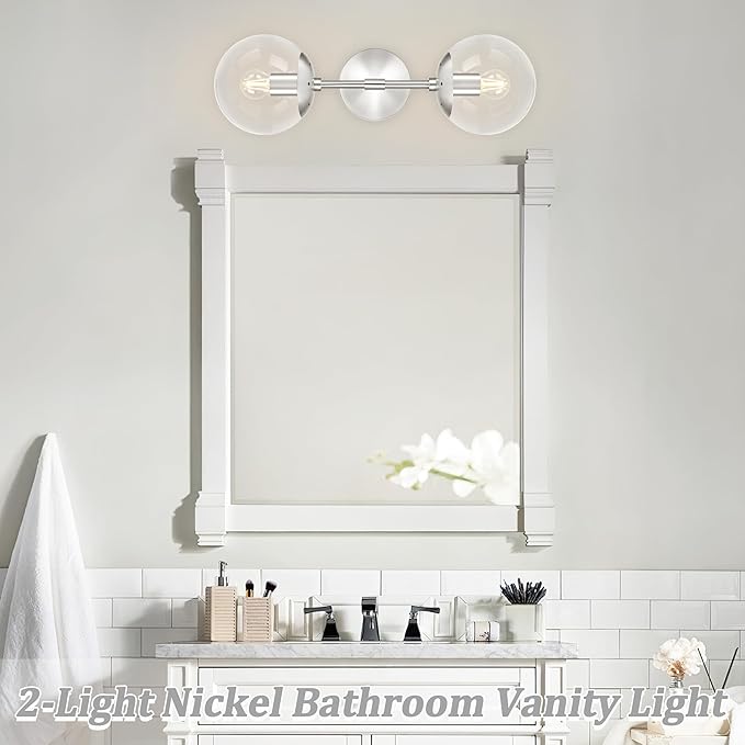 KoKo&Yukina Nickel 2 Light Vanity Light Fixtures Mid Century Modern Bathroom Vanity Light Globe Sconce with Clear Glass for Bathroom Bedroom