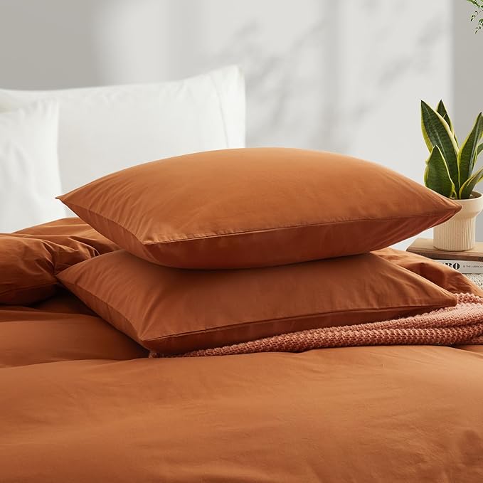 LOVQUE Burnt Orange Cotton Duvet Cover Queen Size, Linen Like Natural Bedding Set with Zipper Closure (No Comforter), 90x90 Inches