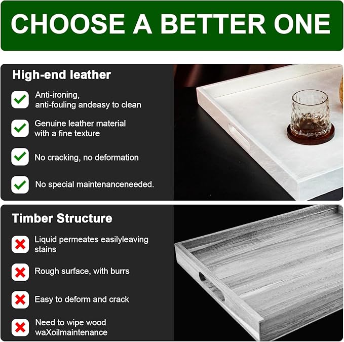 20 * 14 inches Leather Rectangle Serving Tray with Hole Handles,High-End Light Large Service Tray for Ottoman Tray, Tea, Food, Butler - Countertop, Kitchen,Family Dinner, Picnic (White)