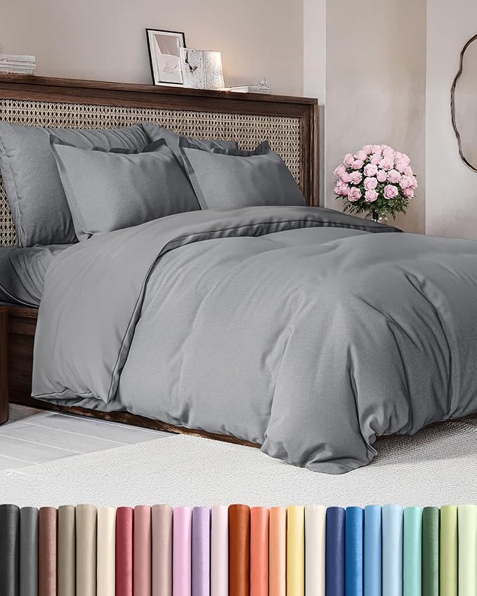 Duvet Cover Full Size - Extra Soft Full Size Duvet Cover - Lightweight & Breathable - Easy Care & Fade Free with Zipper Closures & Ties - 80" x 90" Inches - (Heathered Grey) Comforter Not Included
