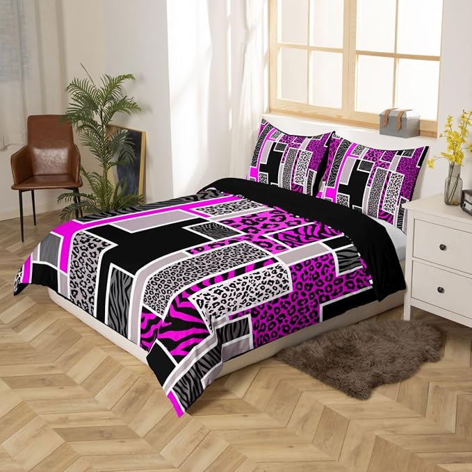 Erosebridal Leopard Print Bedding Set Full Cheetah Zebra Stripes Fur Print Duvet Cover Violet Geometric Square Patchwork Comforter Cover for Kids Teen Adults,Rustic Wild Animals Skin Texture Bed Set