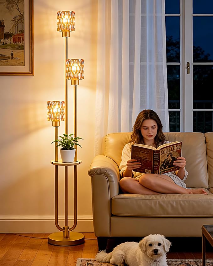 62IN Gold Floor Lamp with Amber Glass Shade 3-Lights Mid-Century Modern Farmhouse Floor Lamps with 3000K Warm White Bulbs, Tall Standing Lamp 5Lbs Heavy Base for Living Room/Bedroom/Corner