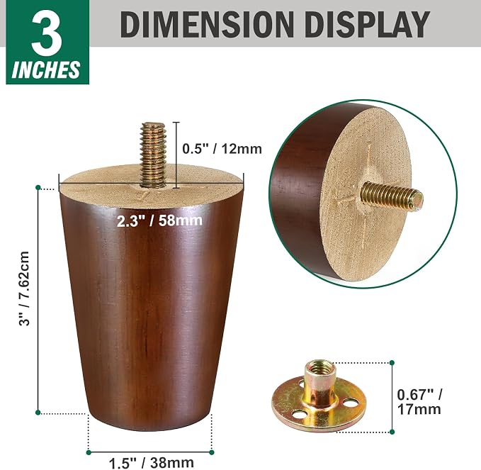 FoDau770 Brown Rubber Wood Furniture Legs 3 Inches, Straight Tapered Wood Feet Mid Century Sofa Legs Set of 4, 5/16" UNC Furniture Feet for Cabinet Couch Dresser Chair Ottoman Table
