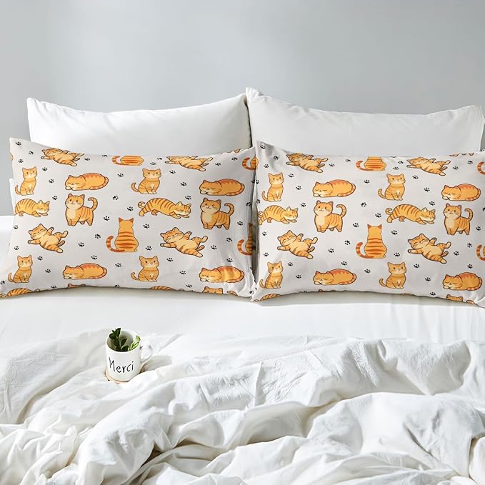 Erosebridal Cats Duvet Cover Queen Cute Kitten Bedding Set Cartoon Pets Animals Comforter Cover for Kids Girls Boys Adults Paw Print Bed Set