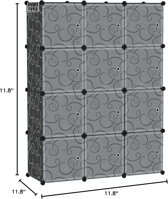 C&AHOME Cube Storage Organizer with Doors, 12-Cube Shelves, Closet Cabinet, DIY Plastic Modular Bookshelf Ideal for Bedroom, Living Room, 36.6”L x 12.4”W x 48.4”H Black USHS3012B-DOOR
