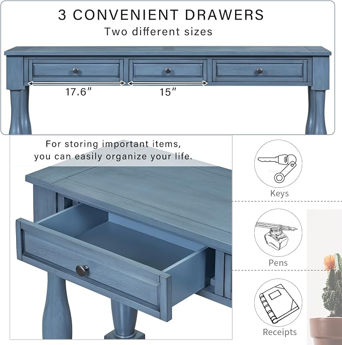Merax Long Console Table with 3 Storage Drawers, Entryway Table with Pine Wood Frame and Legs, Sofa Table with Bottom Shelf for Entryway Living Room, Easy Assembly, Navy