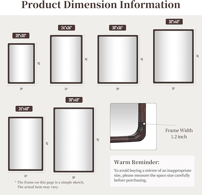 Tanmicoshomy Wood Bathroom Mirror 30 x 48 Inch, Solid Wood Framed Large Rectangle Mirrors with Tempered Glass for Living Room Bedroom Office or Entryway(Dark Brown)