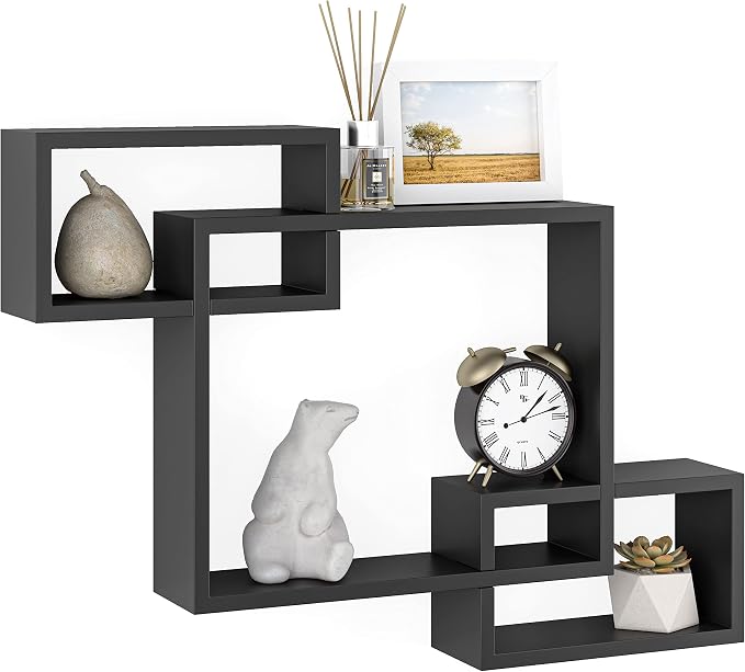 Ballucci Wooden Interweave Floating Wall Mounted Shelves, Horizontal and Vertical Display Storage Shelf for Living Room Bedroom Entryway Hallway Bathroom, 26" x 18", Black