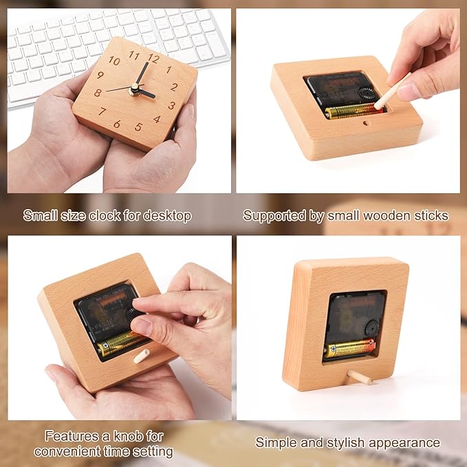 Wooden Table Clock on Stand, Decorative Battery Operated Desk and Shelf Clock, Silent Non-Ticking Desktop Clock for Office, Living Room or Bedroom Decor, Square Shape, Beech Wood