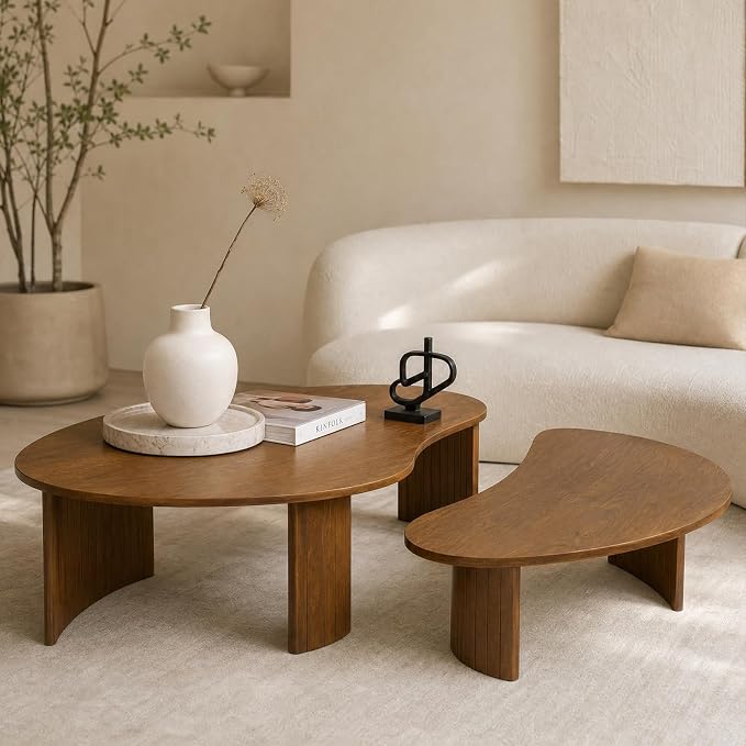 Mid Century Modern Nesting Coffee Tables Set of 2 – Walnut Ash Veneer with Fluted Solid Wood Legs, Mango-Shaped End Tables for Living Room, Farmhouse & Contemporary Style