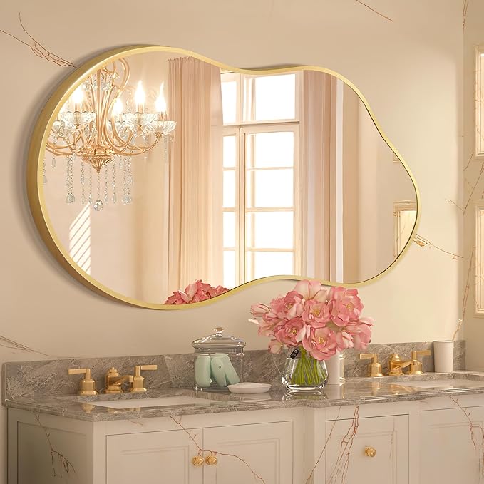 Irregular Wall Mirror - Wall Mirrors Decorative 20"x36" Gold Asymmetrical Mirror Tempered Glass Aviation Aluminum Alloy Frame for Bathroom, Bedroom, Living Room, Cloakroom, Entryway