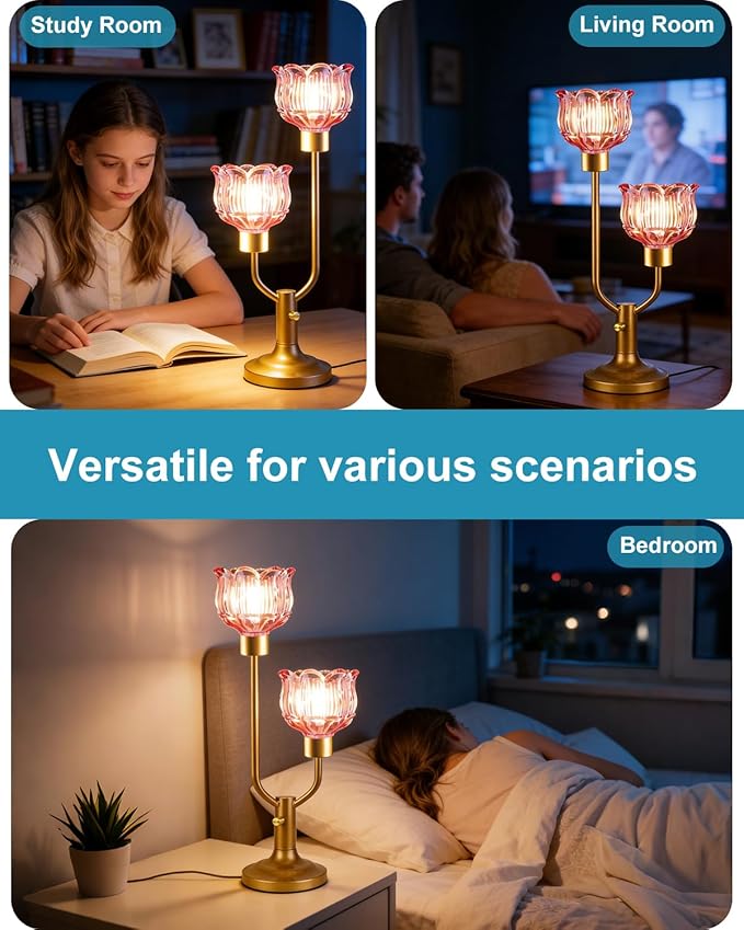 Lightdot Mid Century Modern Red Table Lamp Dimmable Vintage Gold Flower Desk Lamp Lotus Glass Nightstand Lamp 2 Bulbs Included Warmwhite Ambient Bedside Lamps for Living Room Bedroom Home Office Decor