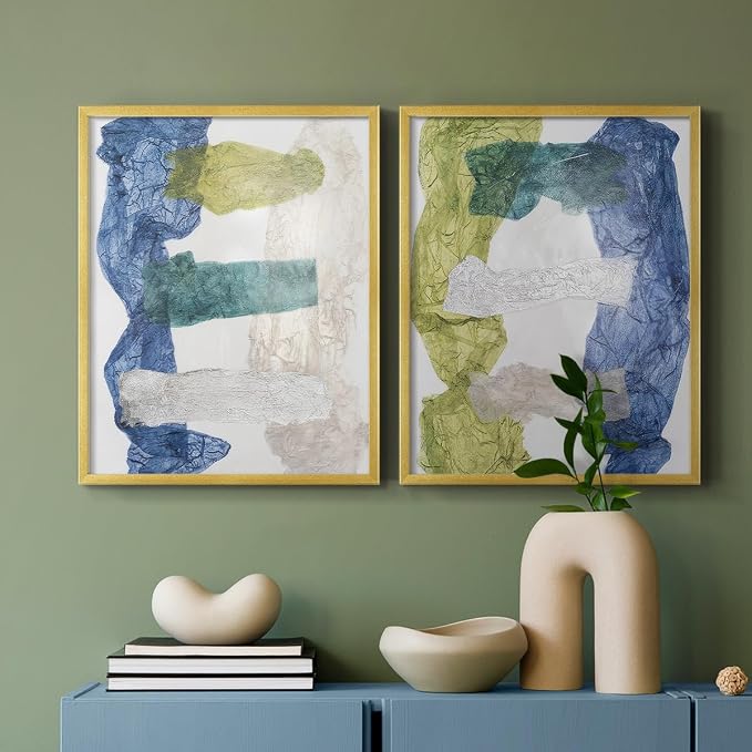 Renditions Gallery Set of 2 Peel & Stick Framed Prints, Elegant Abstract Wall Art, Dyed Cloth Texture Wall Decor, Re-Stickable - Ready to Hang - 16"x20" - GOLD Frame LT588