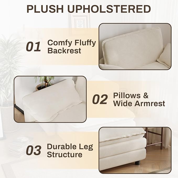 Oversized Chaise Lounge Chair Indoor with Ottoman, Firm Solid Wood Frame with Long Service Life Chenille Oversized Lounge Reading Chair for Study Room - Beige White