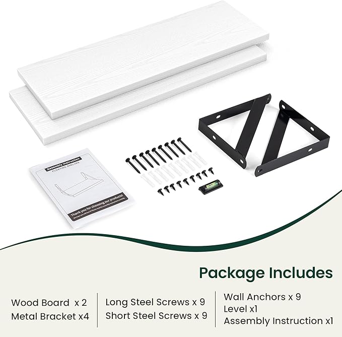 Floating Shelves, 8 Inch Deep Rustic Wood Wall Storage, 24W x 8D Wall Shelves Set of 2, Heavy Duty Metal Brackets, Industrial Book Shelf for Living Room, Kitchen, Bathroom, Bedroom, White
