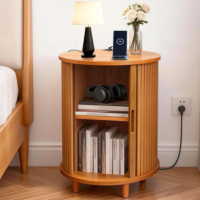 DHH End Table Set of 2 with Storage & Charging Station, Fluted Accent Side Table with Sliding Door & Adjustable Shelf, Mid-Century Nightstand for Small Spaces, Living Room, Bedroom(2, Yellow Walnut)