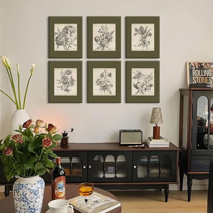Vintage Floral Wall Art Sketch Flower Prints Antique Botanical Canvas Wall Art Decor Vintage Etchings Floral Poster Green Botanical Painting Sage Green Artwork for Bedroom 12x16x6 Inch Wrapped Canvas