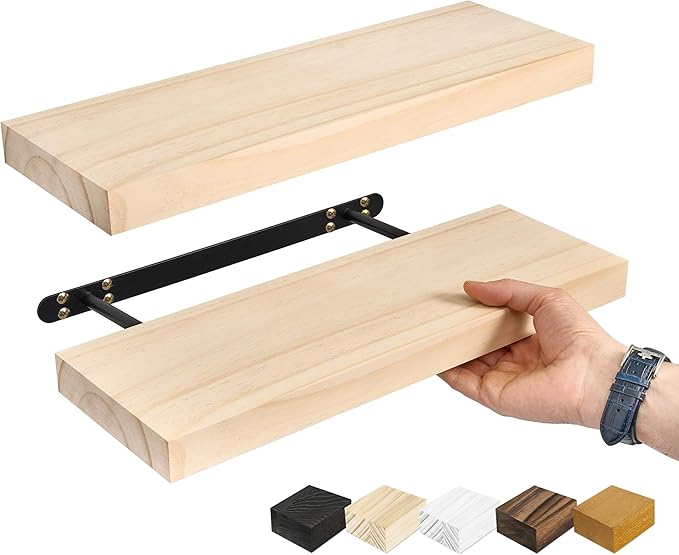 Sorbus Wood Floating Shelves for Wall - 16” Solid Wood Shelves for Bathroom Decor, Books, Bedroom & Living Room - Set of 2 Natural Wall Mounted Kitchen Shelves - Durable Solid Pine