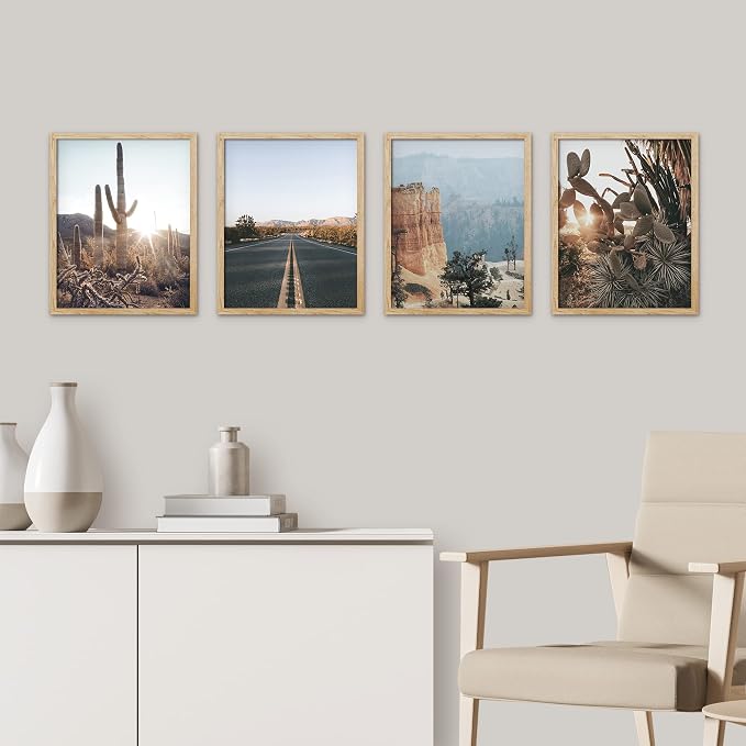 SIGNWIN Framed Cactus Desert Landscape Wall Art, Set of 4 Southwest Texas Arizona Saguaro Wall Decor Prints, Nature Wilderness Wall Décor for Living Room, Bedroom - 8"x10"x 4 Natural