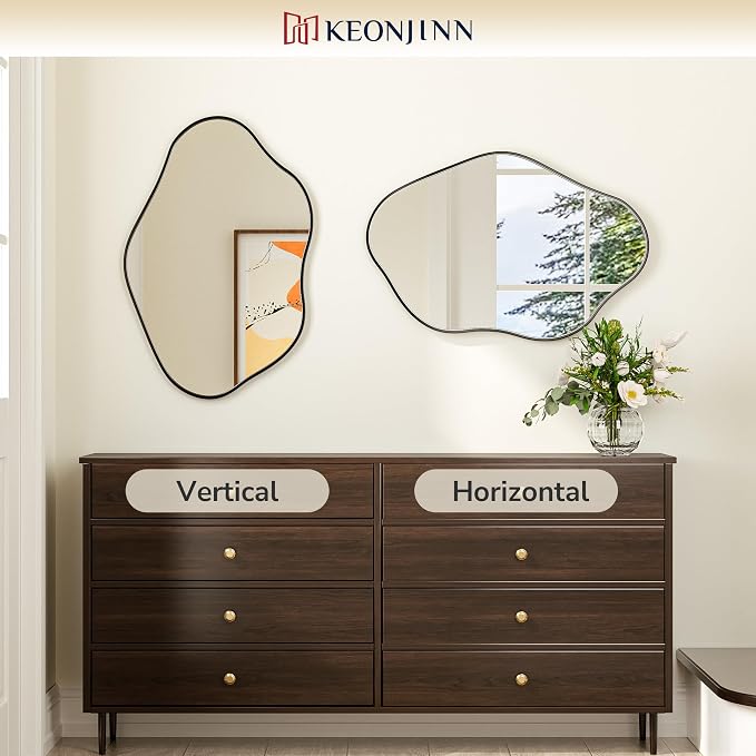 Keonjinn Black Irregular Mirrors for Wall 24" x 36" Inch, Asymmetrical Metal Frame, Tempered Glass Decorative Mirror for Bathroom, Bedroom, Living Room, Entryway(Horizontal/Vertical)