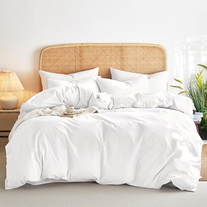 Wake In Cloud - Cotton Duvet Cover Set, 100% Washed Cotton, Linen Like Textured, Breathable Durable Comfy Farmhouse Neutral Bedding Set, 3 Pieces, White, Full Size