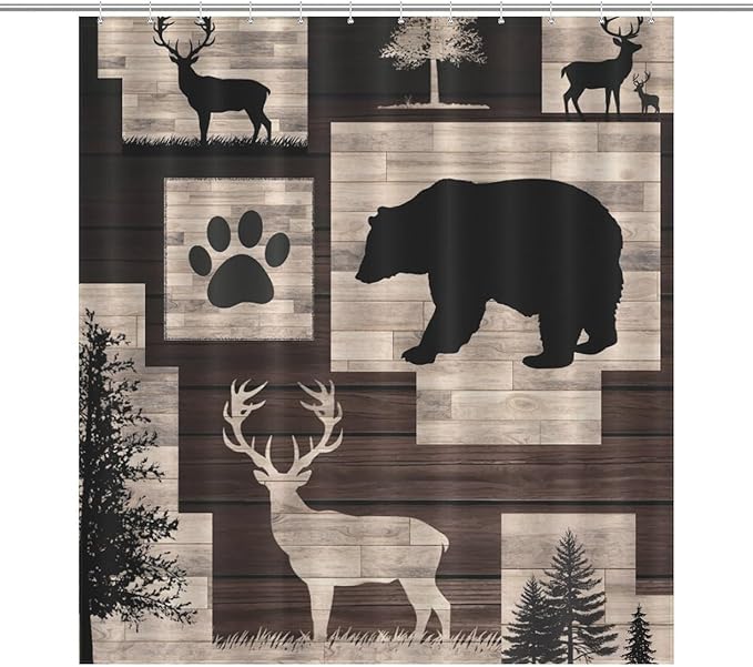 Rustic Cabin Bear Animals Shower Curtain Deer Forest Wildlife Wooden Country Lodge Hunting Camping Animal Waterproof Shower Curtains for Bathroom Decor 12 Pack Hooks 66x72in（168x183cm）
