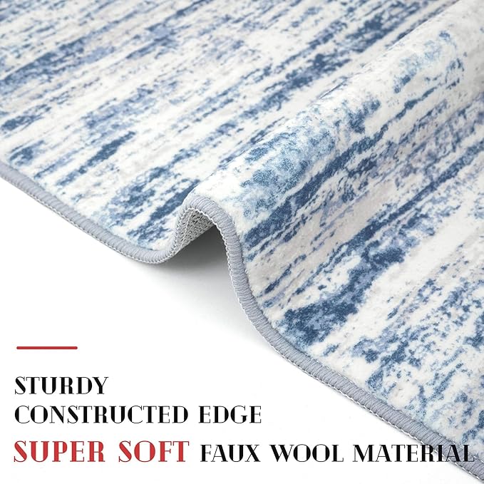 Lansny Modern Abstract Hallway Runner Rug, Blue White Washable Kitchen Runner Non-Slip Soft 2x8 Runner Rug Thin Print Faux Wool Carpet for Entryway Bedroom Laundry Room Indoor Home Decor