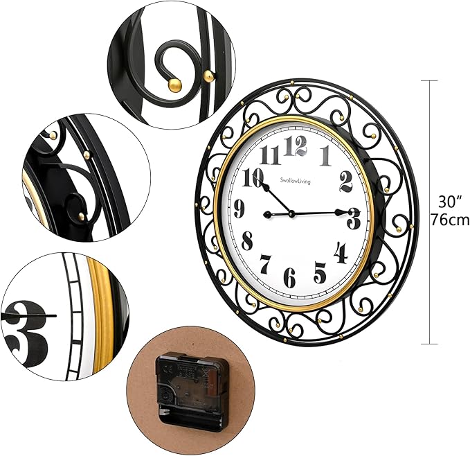 SwallowLiving 30 Inch Vintage Iron Large Black Metal Frame Wall Clock Silent, Battery Operated, Elegant Retro Decor for Living Room, Kitchen, Office, Dining Room, and Bedroom