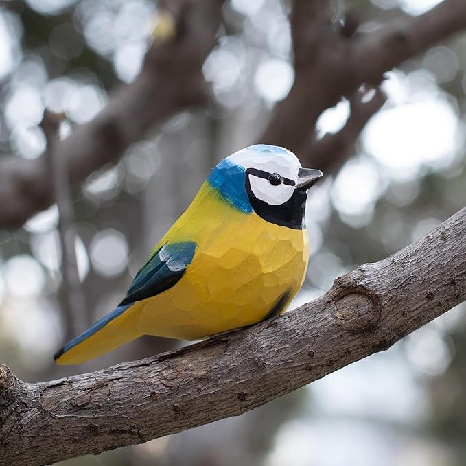 Handmade Eurasian Blue Tit Bird Figurine, Wooden Eurasian Blue Tit Carving, Unique Small Bird Statue for Home Décor or Collectible Gift