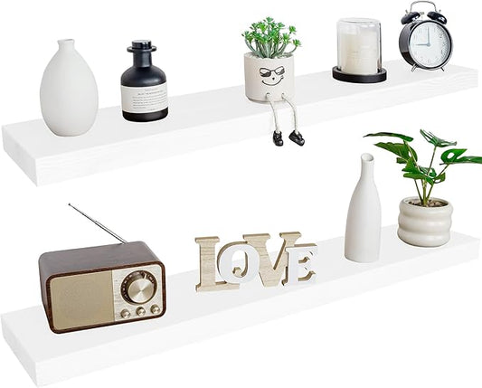 BGMG Wood Floating Shelves for Wall 60 inch Set of 2,White Floating Shelves,Solid Wood Wall Mount Shelves for Living Room Bedroom Kitchen Farmhouse -60x6.7x1.75 inch