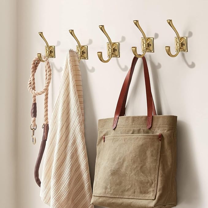 Large Wall Hooks 5 Pack Brushed Gold Coat + Towel Hooks (4.35 Inch Double Robe Hooks) - Mounted with Screws for Key, Towel, Bags, Cup, Hat