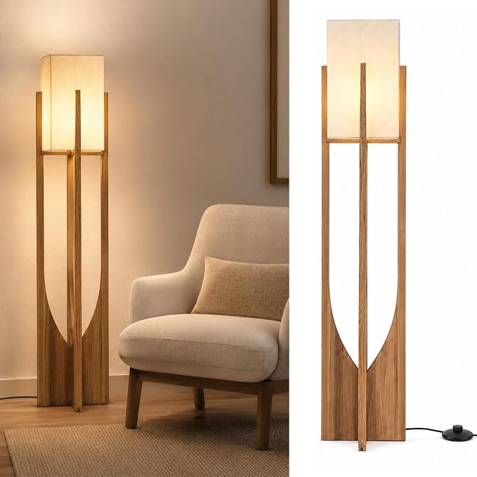 Solid Wood Floor Lamp, 57.1" Mid Century Modern Standing Lamp with Arch Base & Brass Hardware, Linen Shade for Living Room Bedroom Reading Corner, Walnut (LED Bulb Included)