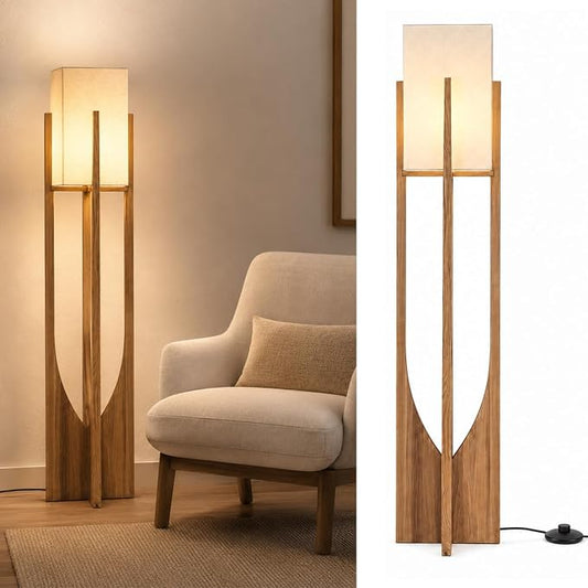 Solid Wood Floor Lamp, 57.1" Mid Century Modern Standing Lamp with Arch Base & Brass Hardware, Linen Shade for Living Room Bedroom Reading Corner, Walnut (LED Bulb Included)