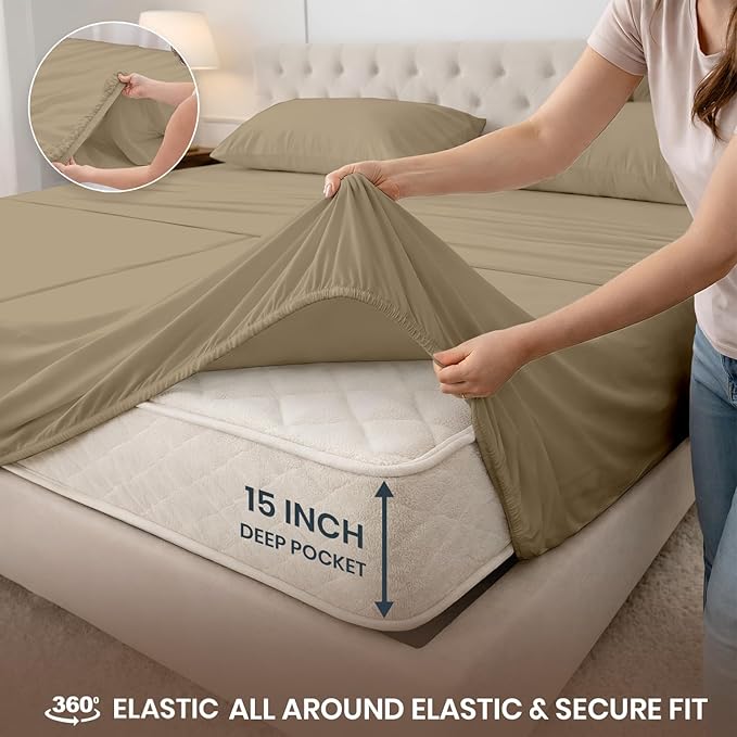 SGI Split King Sheet Set for Adjustable Bed Egyptian Premium Cotton 600 Thread Count Sheets for Sleep Number Bed 15" Deep Pocket 5 Pc Set with 2 Twin XL Fitted Sheets Soft Breathable -Taupe