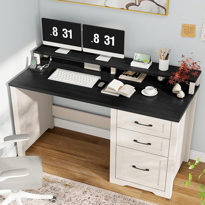 Vabches 47" Farmhouse Executive Desk with Monitor Stand & File Cabinet,3 Drawers Computer Desk with LED Lights and Power Outlets,Workstation for Home Office, Study,Writing,Black