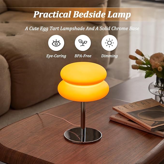 Orange Mushroom Lamp, Mid Century Modern Lamp for Nightstand, Dimmable Retro Egg Tart Bedside Lamps, Home Decor Ambient Lighting Aesthetic Cute Lamps for Bedroom Living Room (NOT Glass)