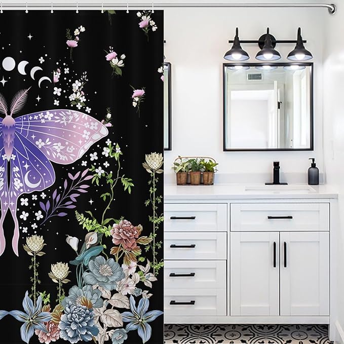 Floral Moth Moon Shower Curtain, Nature Aesthetic Flower Phase of The Moon Artistic Design Waterproof Shower Curtains for Bathroom Decor 12 Pack Hooks 66x72in（168x183cm）