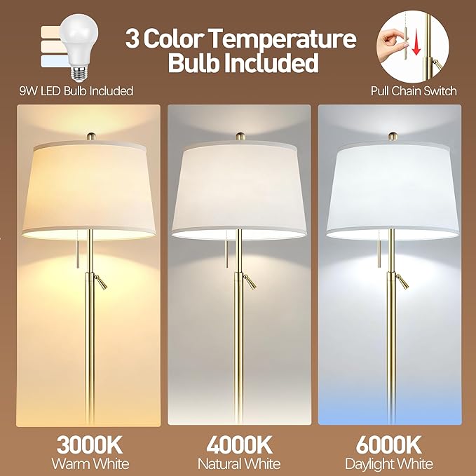 Gold Floor Lamp for Living Room, Modern Standing Lamp 55-67" Height Adjustable Brass Tall Floor Lamp with Pull Chain Switch and 3 CCT LED Blub for Living Room, Bedroom, Office & Corner Reading
