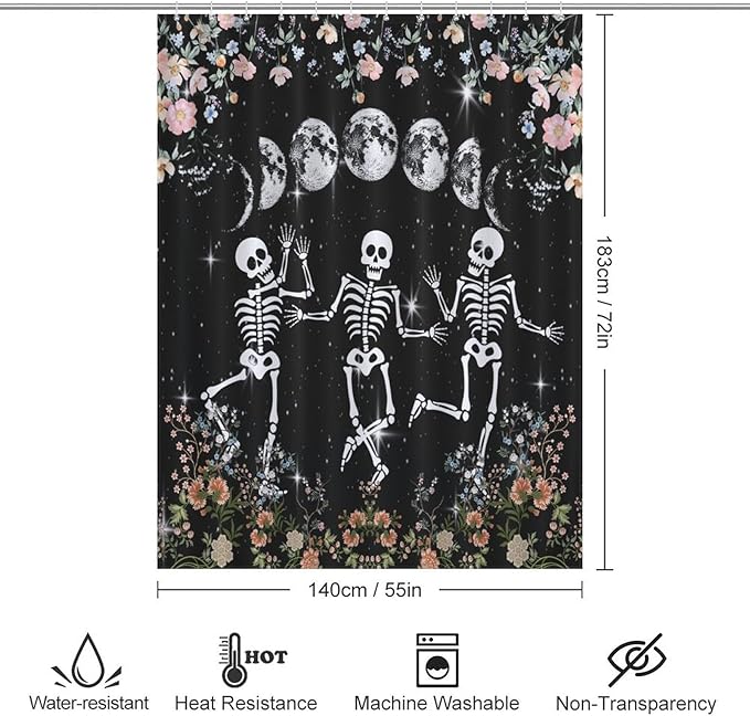 Skull Skeleton Flower Moon Shower Curtain Gothic Moon Phase Scary Horror Black Spooky Flower Holiday Waterproof Shower Curtains for Bathroom Decor 12 Pack Hooks 55x72in（140x183cm）