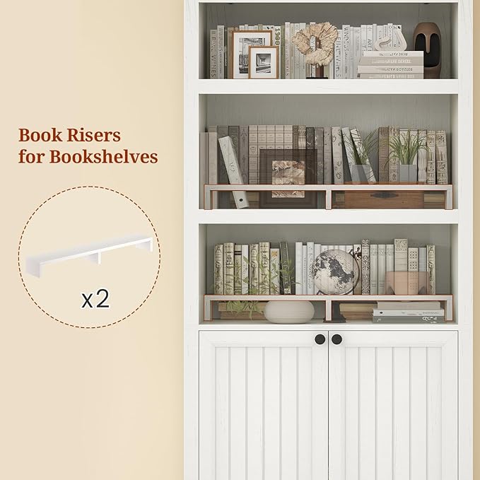 81" Tall Arched Cabinets,Bookcase with storage,Mid-Century Modern 6-Tier Bookshelf with Door,2 Book Risers and Adjustable Shelves give more storage space for Living Room,Home Office Antique White