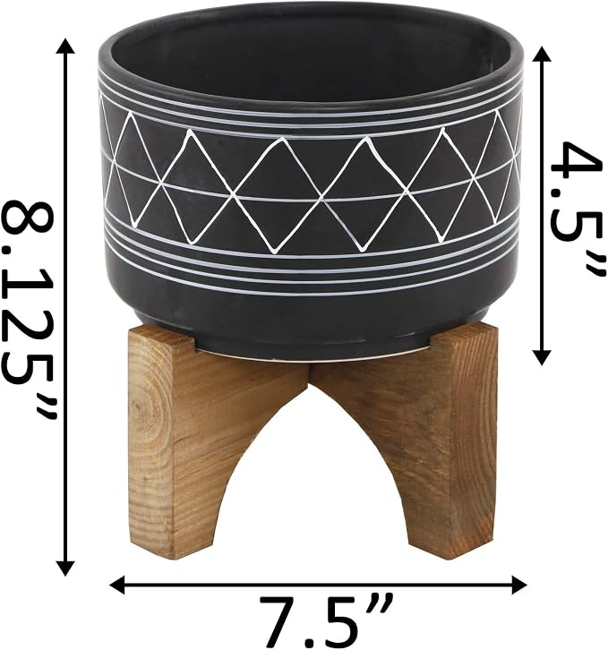 Flora Bunda 7 Inch Black White Line GEO Ceramic ON Stand Mid Century,7" Black/White Line