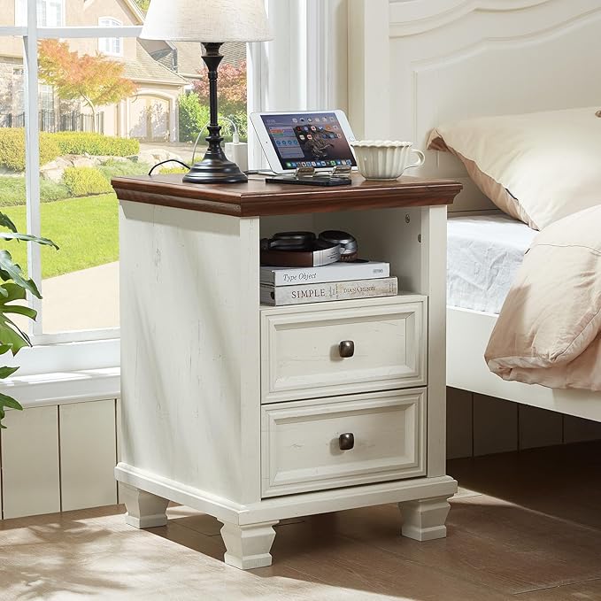 Farmhouse Nightstand Set of 2 with Charging Station, Antique Nightstands with Drawers, Bedside Table with Open Shelf for Bedroom, White