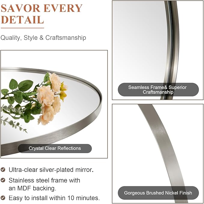 ANDY STAR Arched Mirror, 30 x 36 Inch Brushed Nickel Wall Mirror in Stainless Steel Metal Frame, Arch Top Rounded Corner 1 Inch Deep Set Design Wall Mount Hangs Vertical