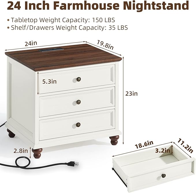 Farmhouse Nightstand with Charging Station, 24" Wide End Table with 3 Drawers,White Wood Dresser for Bedroom, Bed Side Table Chest of Drawers Cabinet,Night Stand for Living Room, Closet
