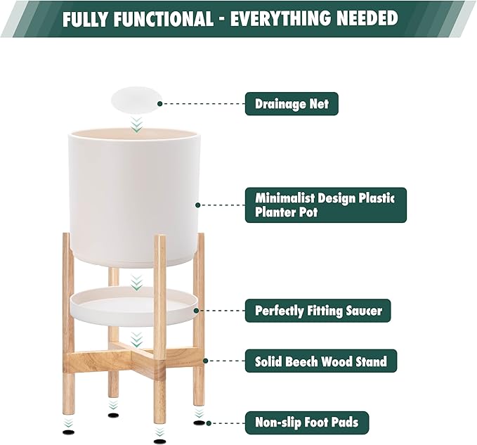 D'vine Dev Planter Pot with Stand - 14 Inch Plastic Cylinder Flower Pot with Wood Planter Holder for Indoor, Oatmeal Pot + Natural Stand, 55-C-S-4