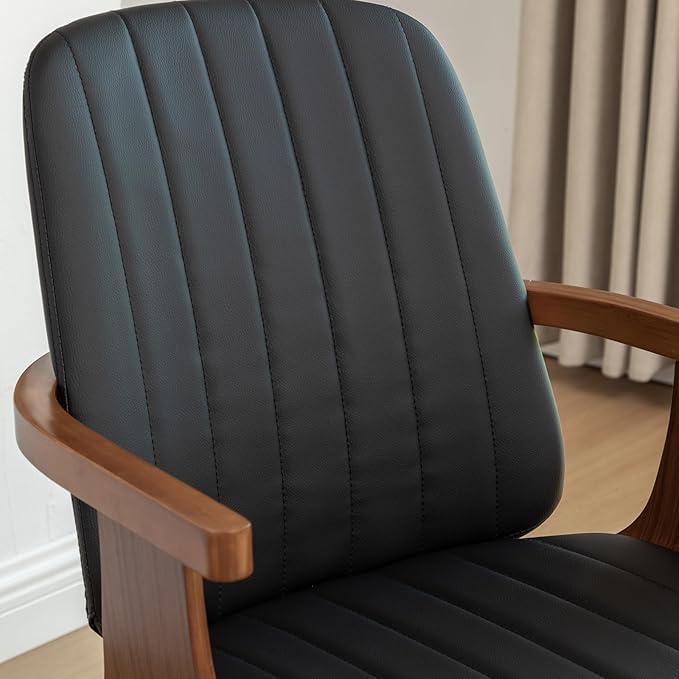 Swivel Dining Chairs, Set of 2 Kitchen Swivel Chairs with Walnut Craftsmanship, Upholstered Faux Leather, Wooden Arms and Legs, Walnut Dining Chairs for Kitchen/Living Room - Black