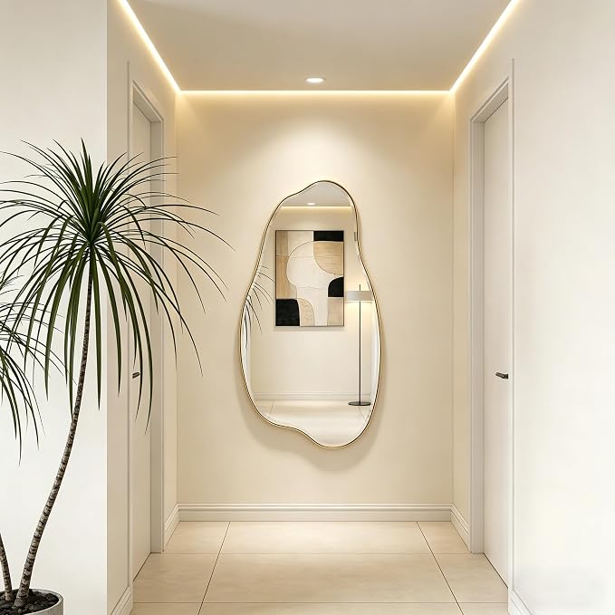 POZINO Large Irregular Beveled Mirror, 53.5"x27" Asymmetrical Wall Mirror with Gold Metal Frame, Organic Shape Mirrors for Entryway Bathroom Bedroom Hallway Living Room, Horizontal or Vertical Hanging